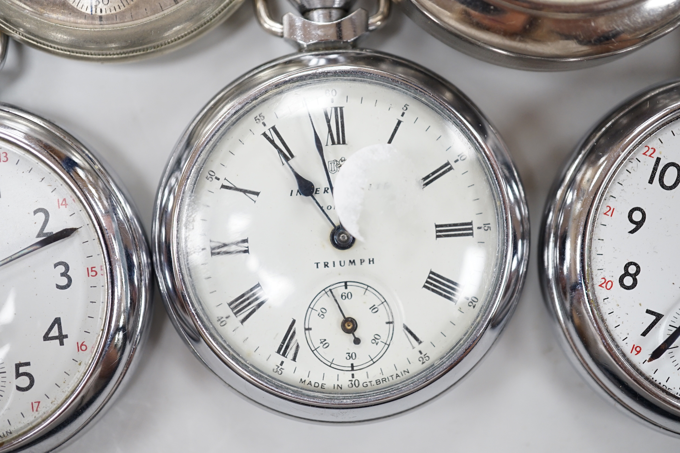 Ten assorted base metal pocket watches including Ingersoll football related, Smiths and Smiths Empire etc.